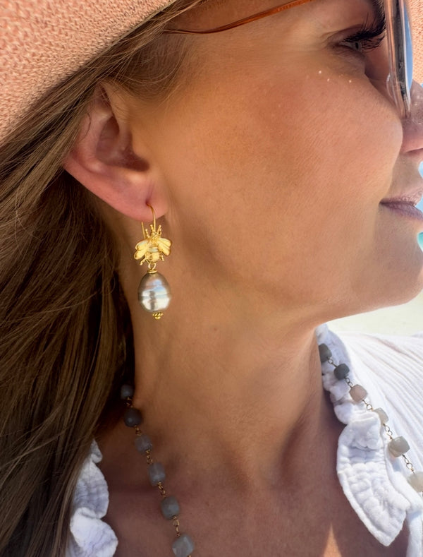 Golden bee silver pearl drop earrings