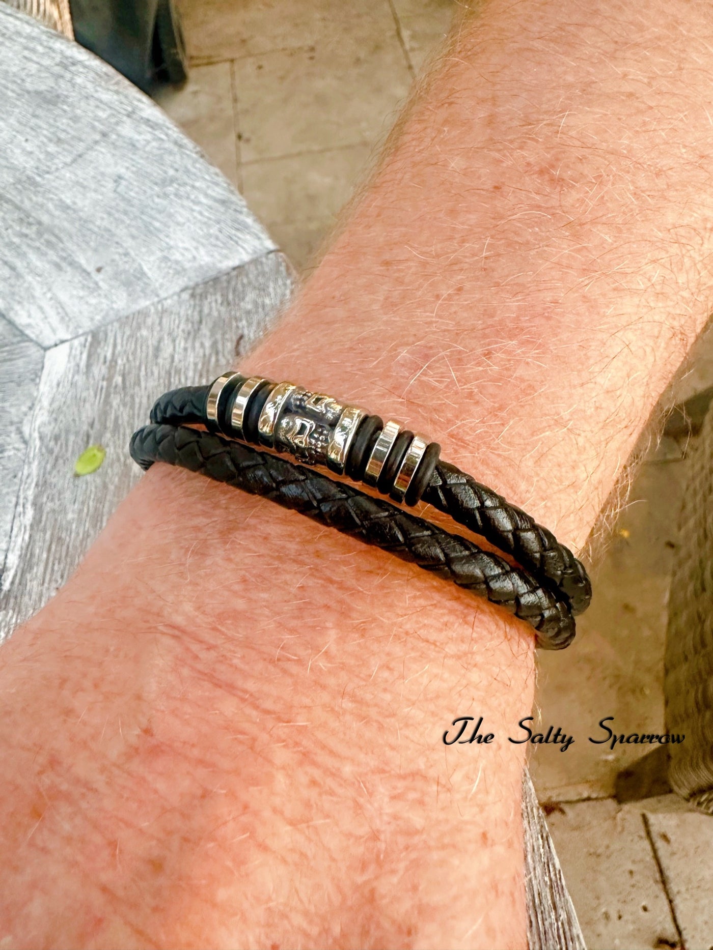 Men’s Bi-Strand Leather Bracelet with Silver Details