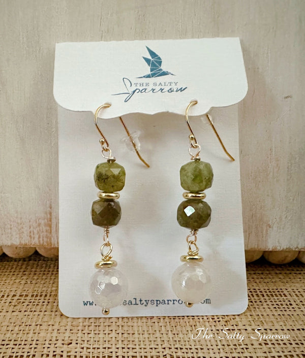 Grasshopper Green Garnet & Moonstone Earrings