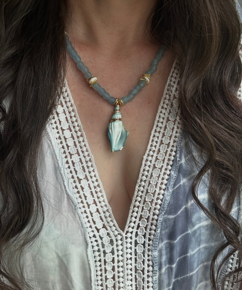 Blue spiral conch seashell necklace