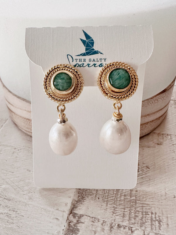 Roped Amazonite and pearl drop earrings