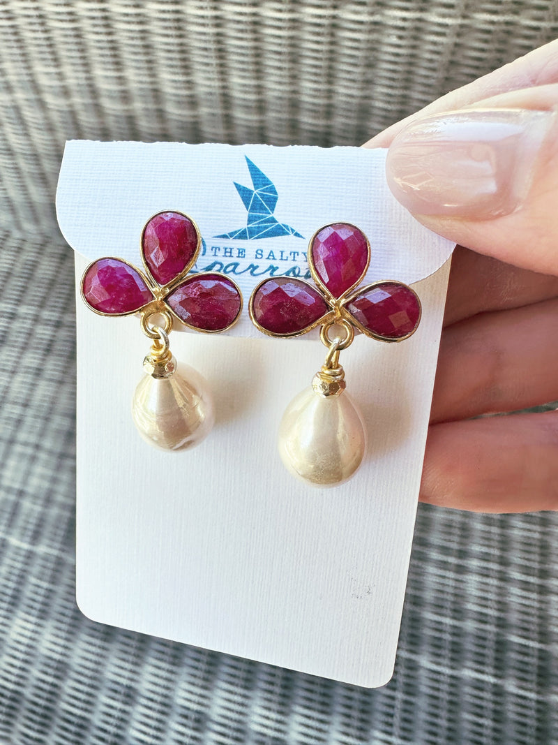 Ruby and pearl drop earrings