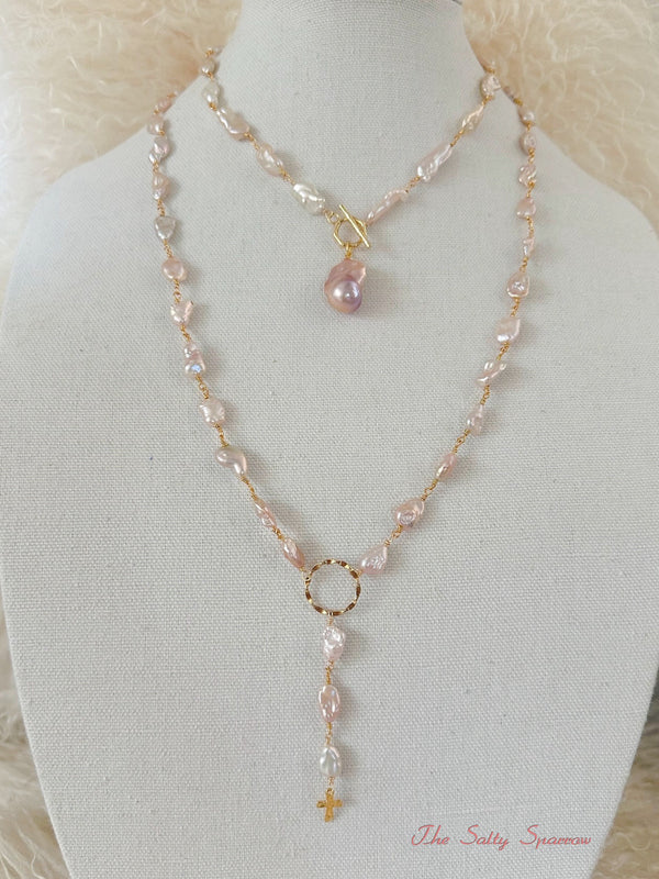 Blush Organic Pearl & Dainty Hammered Cross Necklace