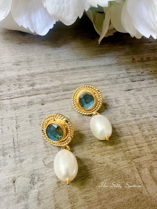 Pearl & Labradorite Stone Earrings