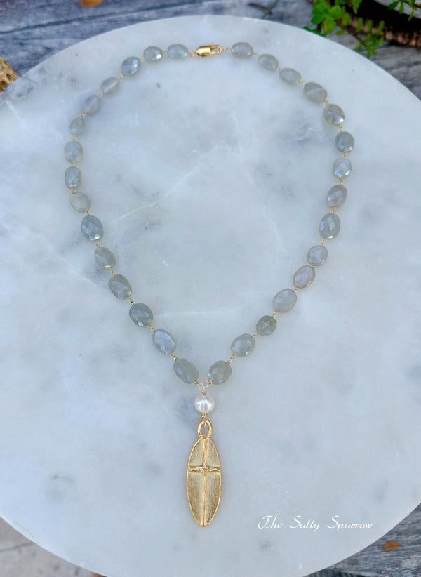 Stormy Gray Moonstones & Vintage Style Satin Gold Cross Necklace
