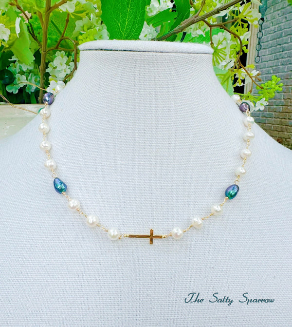 Dainty Sideways Cross with Pearls Necklace