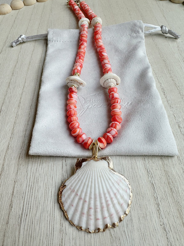 Coral recycled glass shell necklace