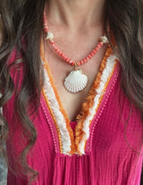 Coral recycled glass shell necklace