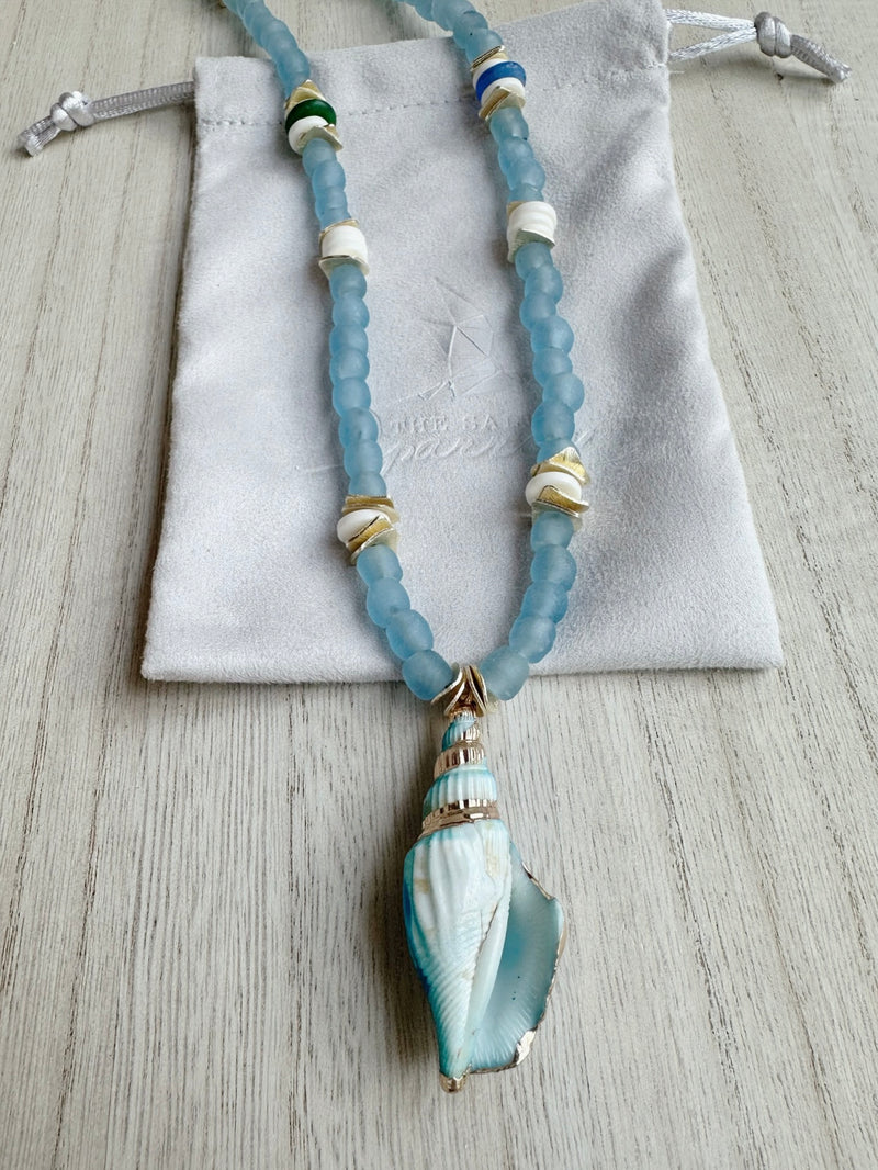 Blue spiral conch seashell necklace