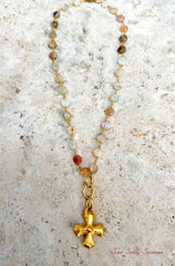 Button Moonstone & Satin Cross Necklace