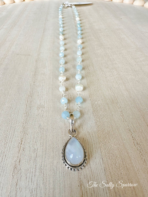 Aquamarine & pearl with moonstone pendant