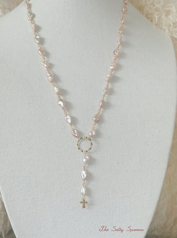 Blush Organic Pearl & Dainty Hammered Cross Necklace