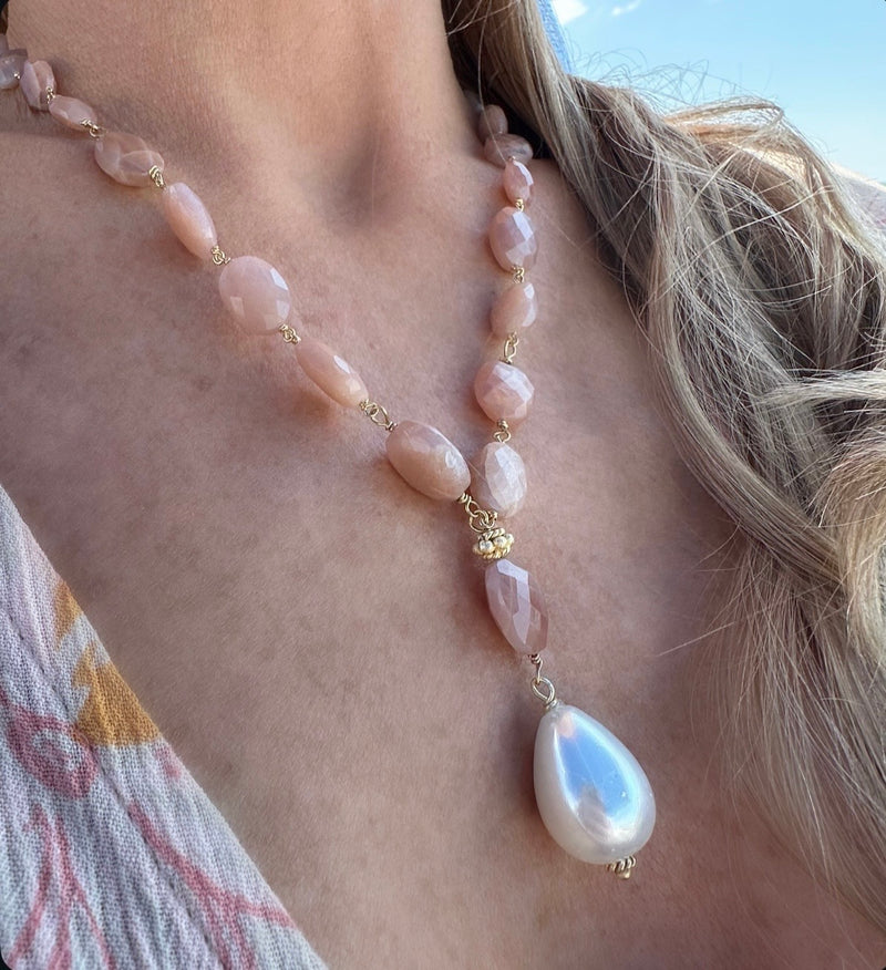 Blush moonstone & mother of pearl Y necklace