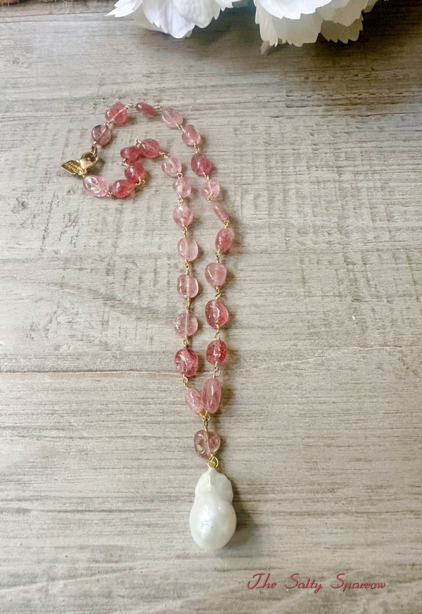 Strawberry Quartz & Baroque Pearl Necklace