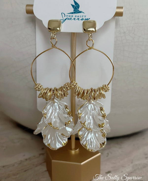 Pearly white lucite & gold hoop earrings