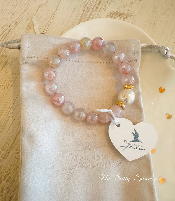 Rose Quartz Stones with Pearl Focal Bracelet