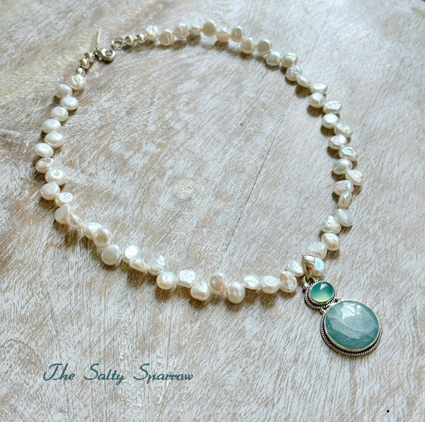 Layla Necklace - Button Pearls & Aquamarine