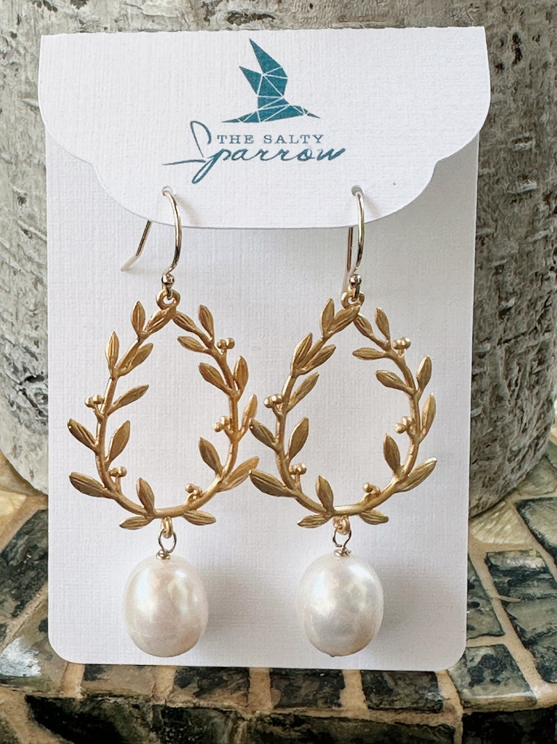 Matte gold vine & pearl drop earrings