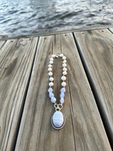 Blue Lace Agate Pendant with Blue Lace Stones & Pearls
