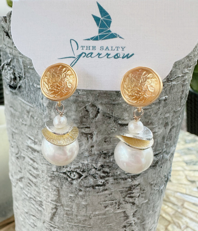 Matte gold inverted dome and pearl drop earrings