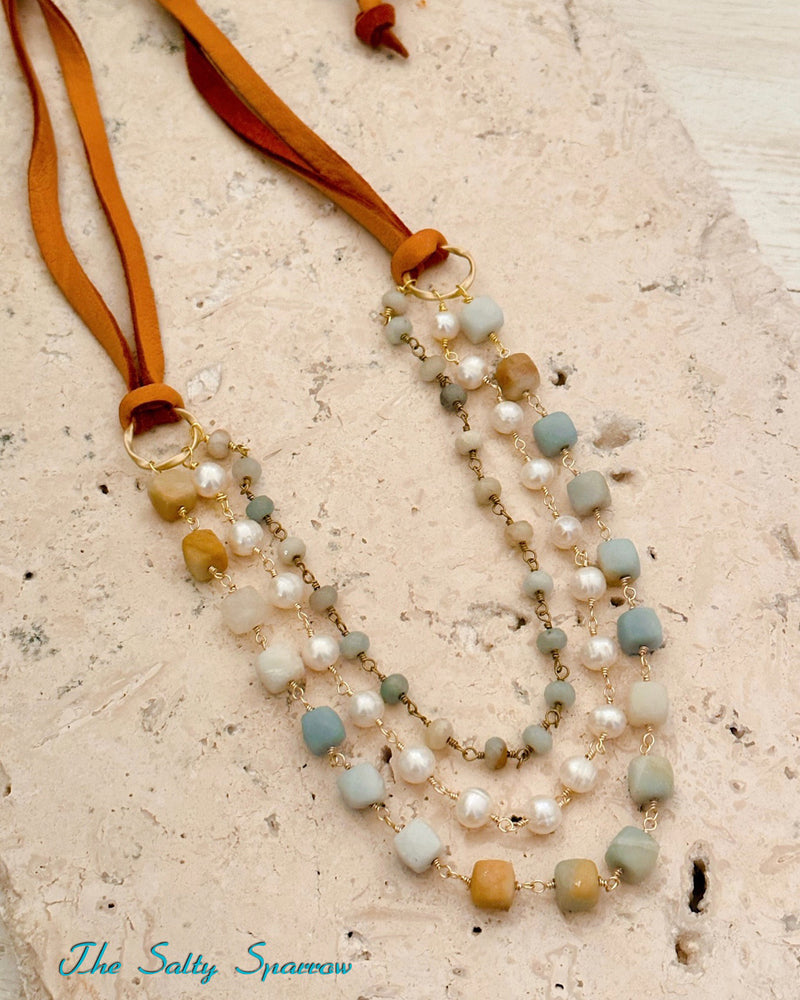 Triple Layer Amazonite & Pearl Necklace