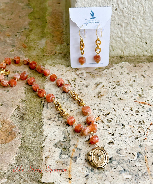 Sunstone Necklace with Dove Pendant and Matching Earring Set