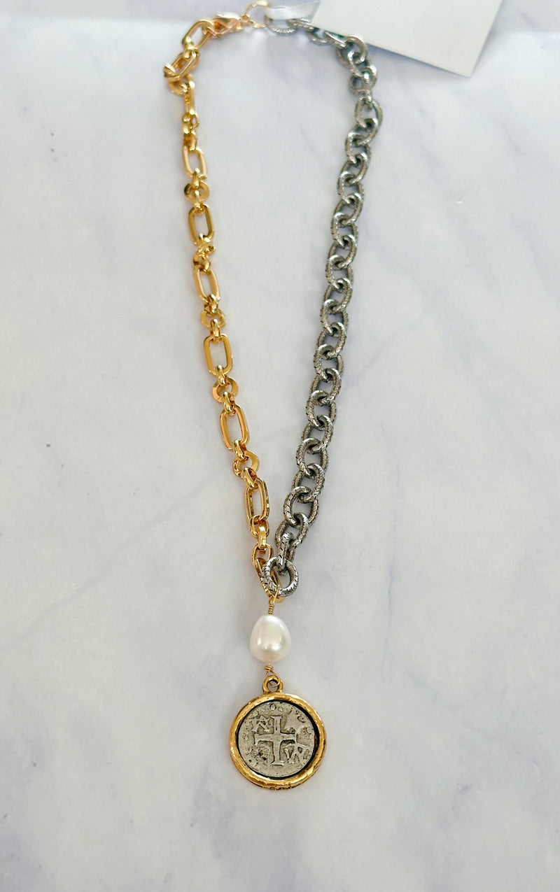 Gold & Silver Chain with Pearl and Coptic Cross