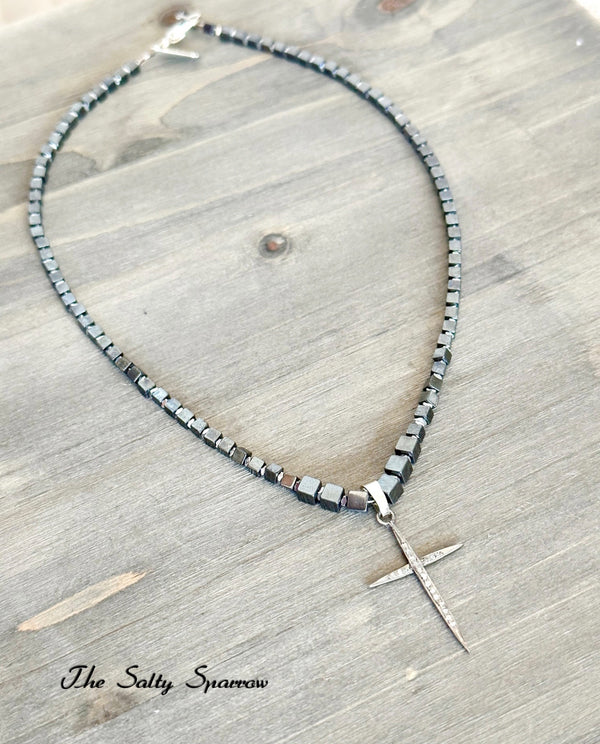 Hematite & Diamond Cross Necklace