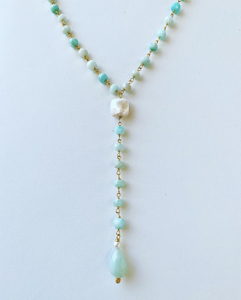 Amazonite And Pearl Y Drop Necklace