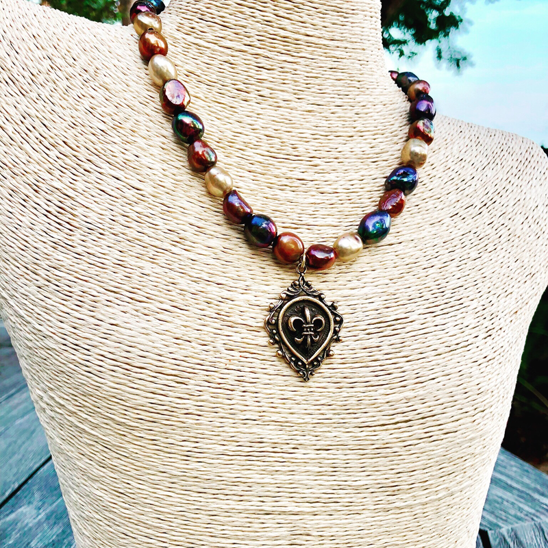 Fall Colors of Gold, Brown & Deep Red Pearls With Bronze Fleur De Lis