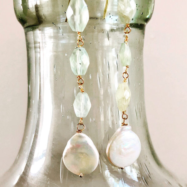 Mint Color Prehnite Stones With Coin Pearl Drops