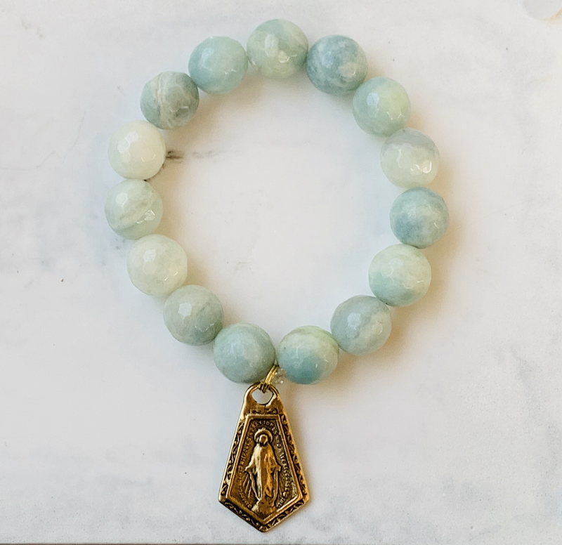 Aquamarine Bracelet W/ Mary Pendant