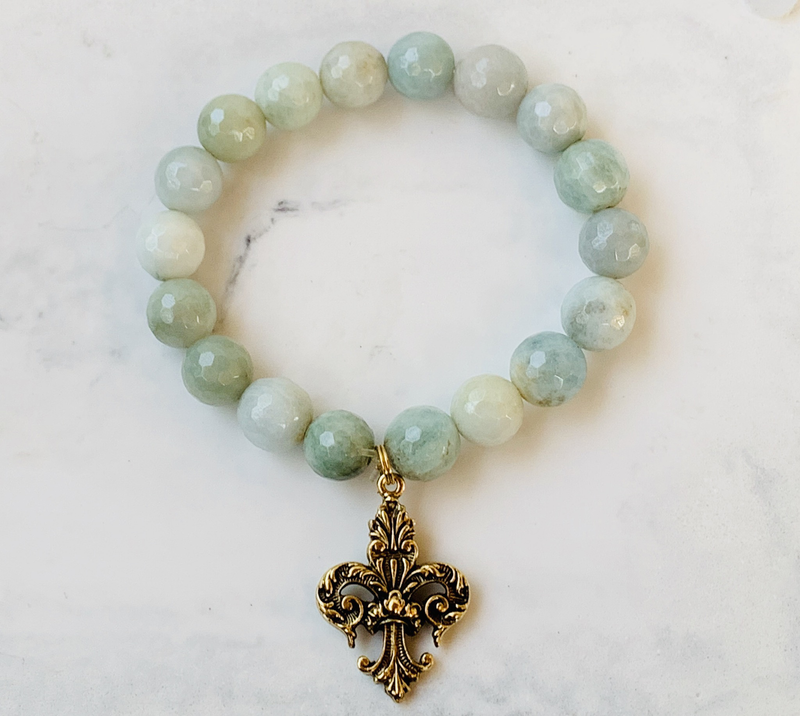 Aquamarine Bracelet W/ Fleur De Lis Charm