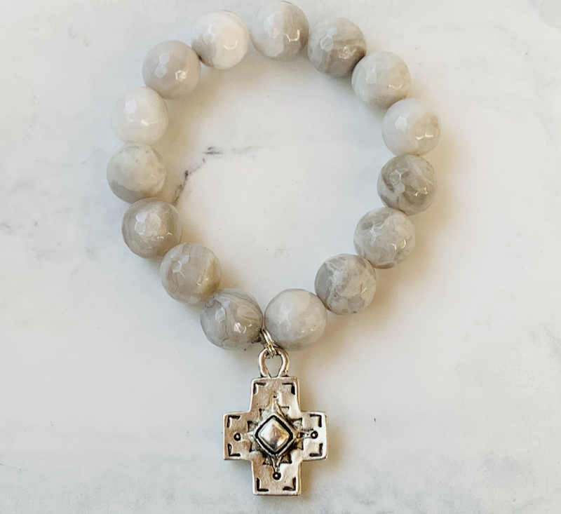 Creamy Agate Bracelet W/ Silver Cross Charm