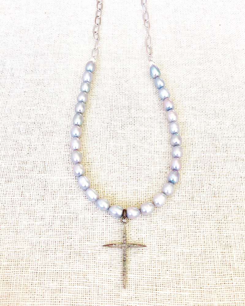 Dove Gray Rice Pearls With Pave Diamond Cross & Sterling Silver Chain