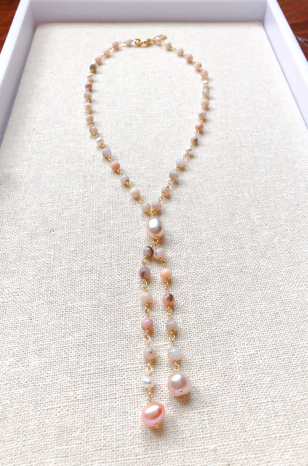 Pink Opal And Pearl Double Strand Necklace