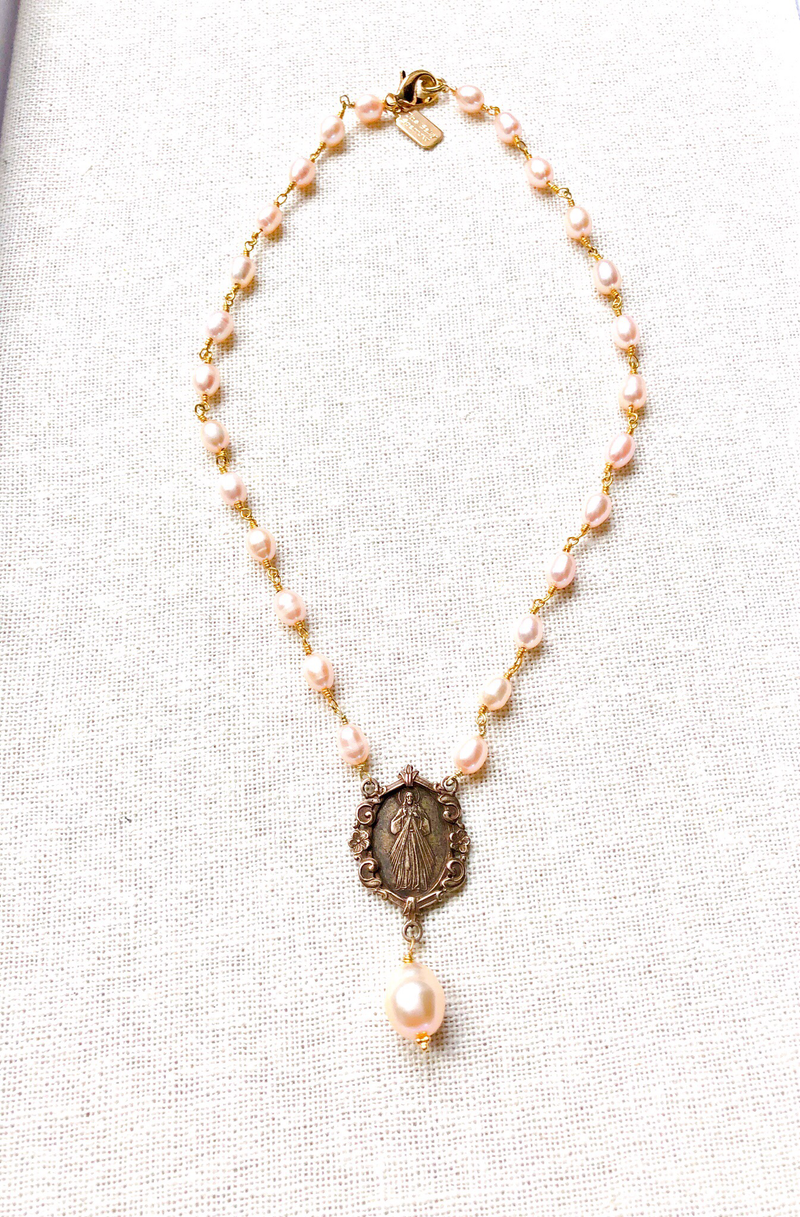 Blush Freshwater Pearls with Bronze Religious Connector