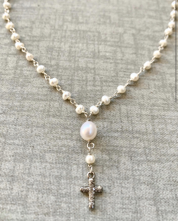 Pearl/pave diamond cross necklace