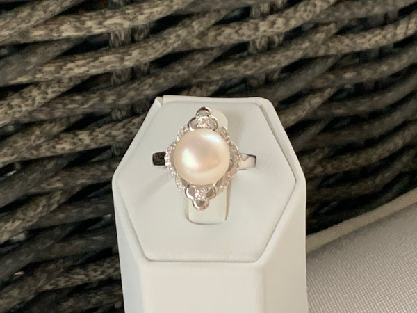 Creamy white pearl/CZ ring (sterling silver)