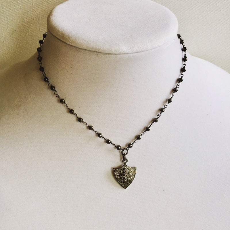 Pave Diamond Armor Shield and Cross on a Pyrite Rosary Chain