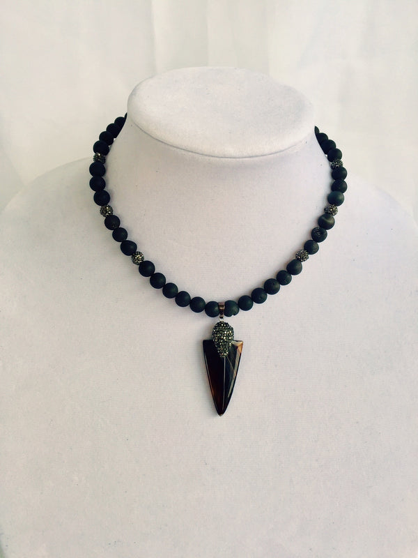 Pave Hematite Stone Arrowhead with Black Druzy Beads