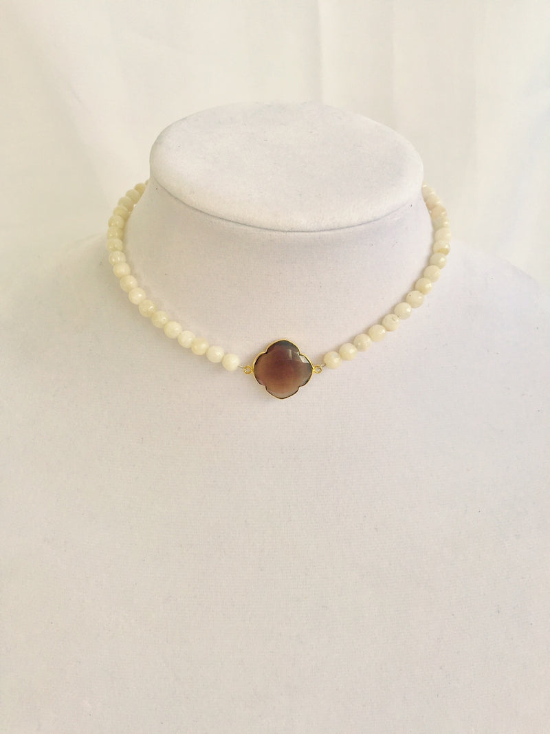 White Moonstone Beads with Amber Quatrefoil Center