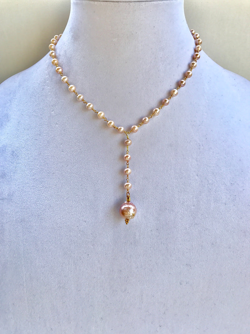 Pink hued fresh water pearl Y necklace with baroque pearl pendant