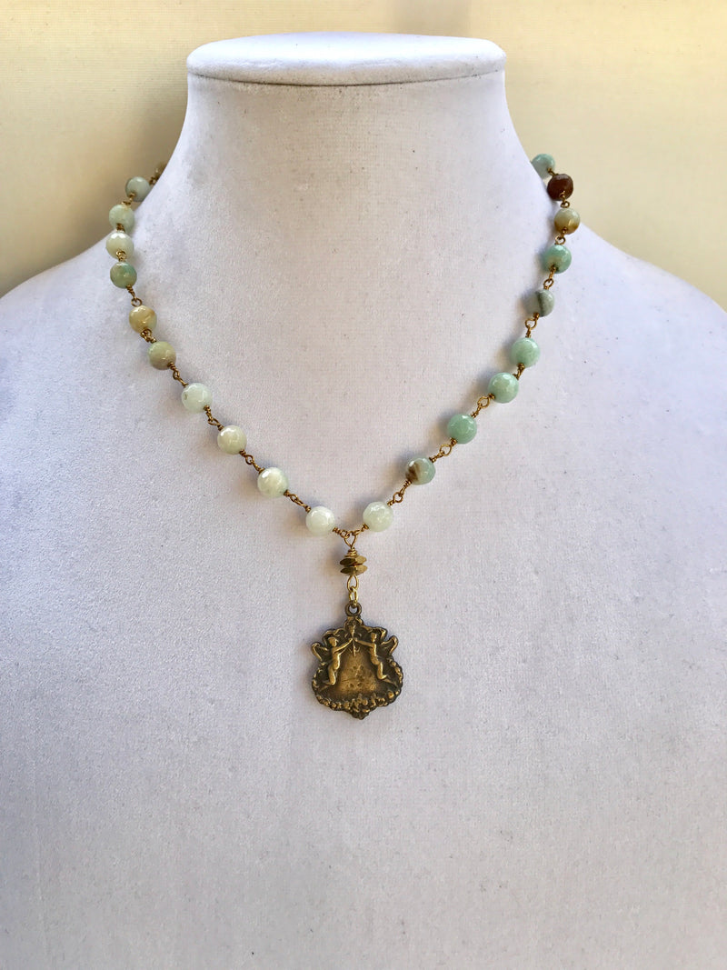 Amazonite necklace with antique bronze pendant