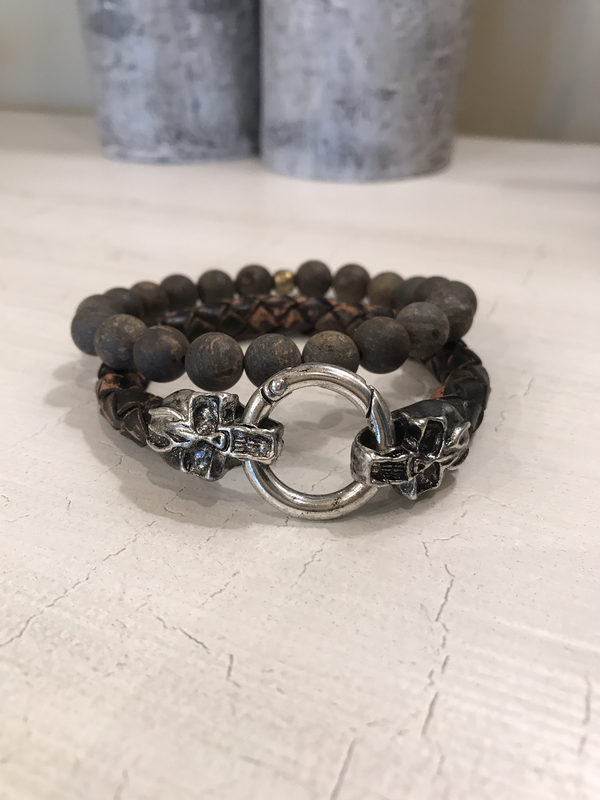 Men's Jasper stone bracelet, and brown distressed leather with stainless steel closure