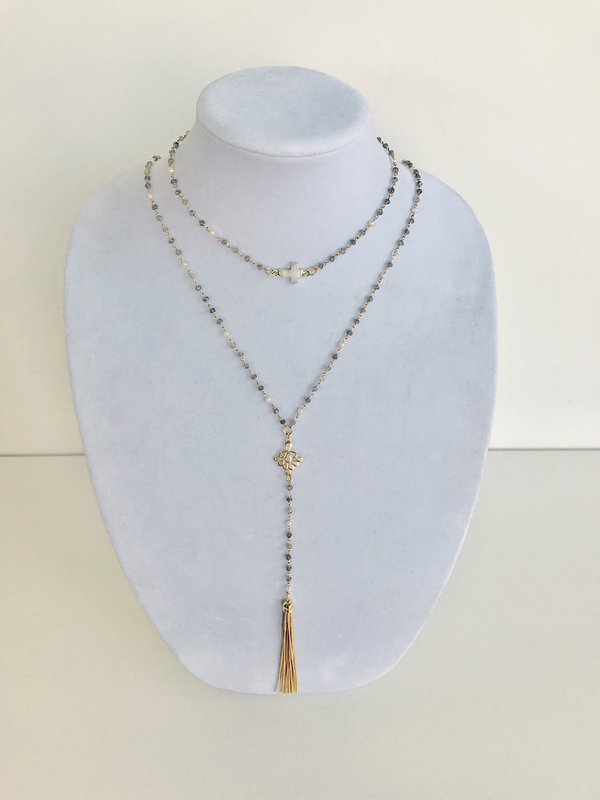 Labradorite & Pearl Rosary with Mother of Pearl and Golden Tassel Pair