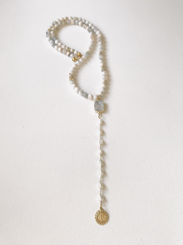 Creme Agate Stones, Pearls, Druzy Connector & Religious Medallion