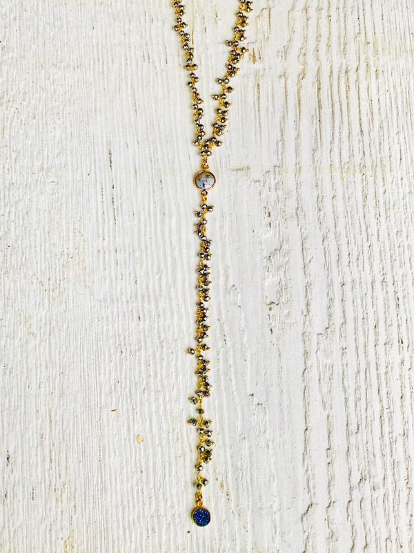 Pyrite Cluster with Blue Druzy Rosary Necklace
