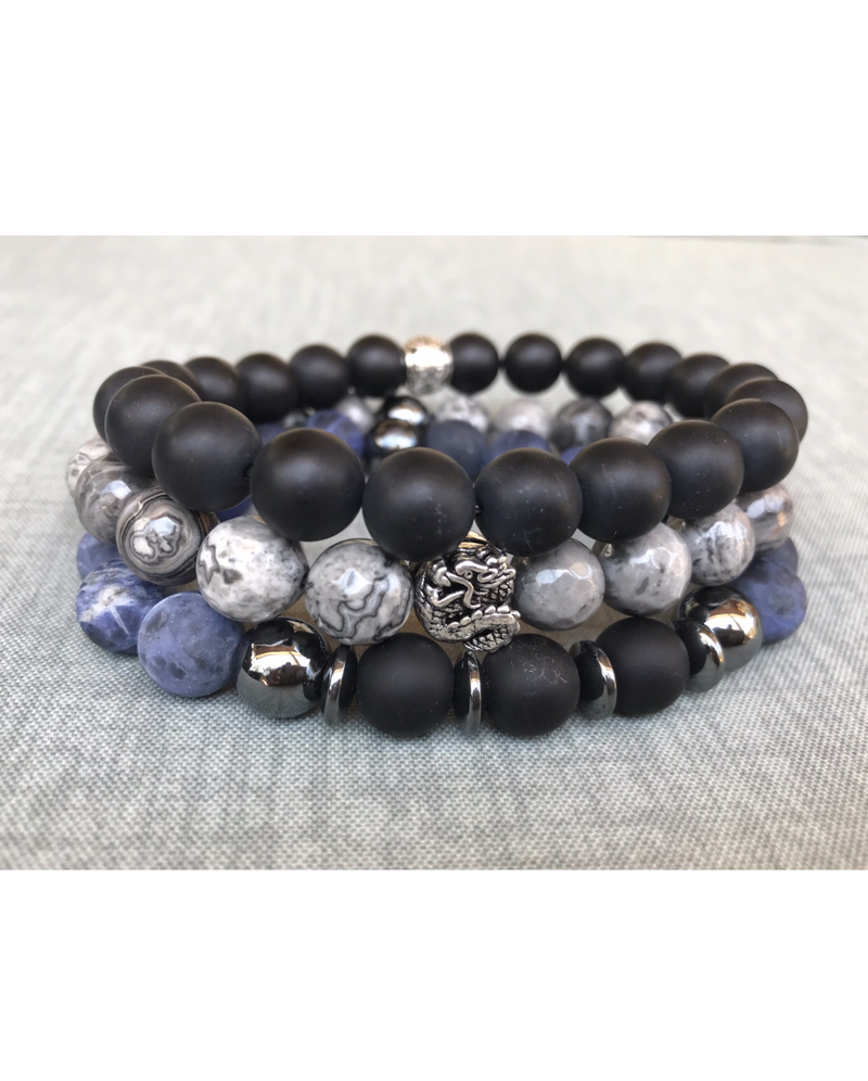 Black, gray, and blue men's stack