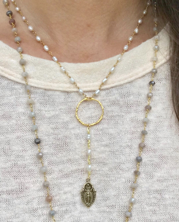 Pearl Y necklace w/mother Mary
